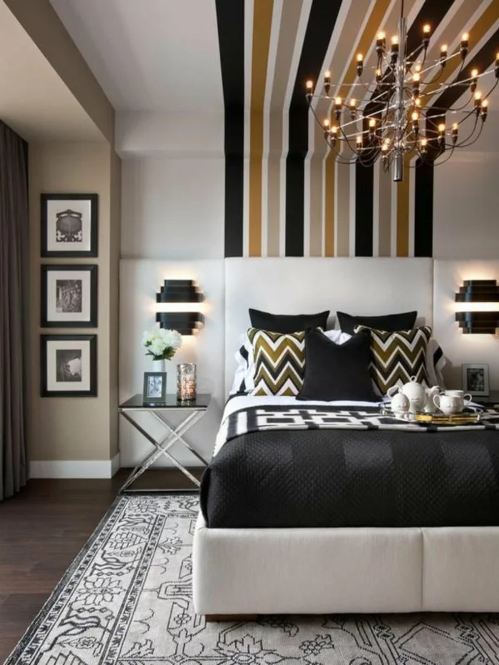 schlafzimmergestaltung bett schwarz weiß teppich deckenfarbe muster