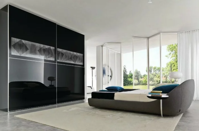 schwarzer kleiderschrank schlafzimmer einrichten ideen creme teppich panoramafenster