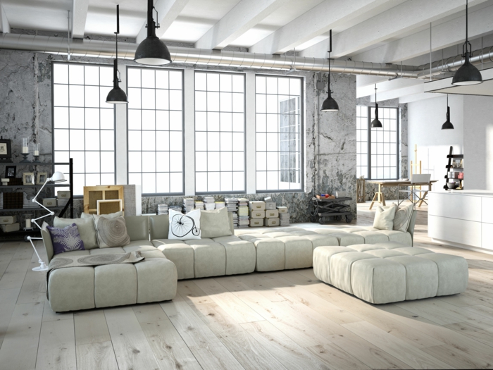 wandfarbe weiß wandgestaltung loft wohnung industriestil hängeleuchten sofa groß holzdielen betonoptik wände