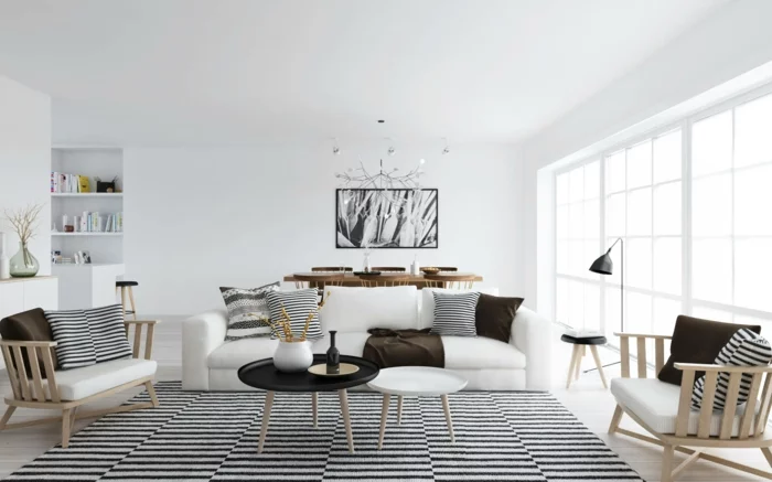 wandfarbe weiß wandgestaltung wohnzimmer essbereich foto schwarz weiß teppich kissen streifen