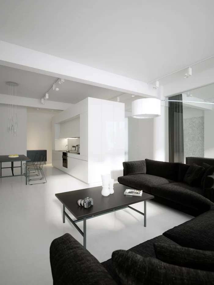 wandfarbe weiß wohnzimmer ideen schwarzes sofa