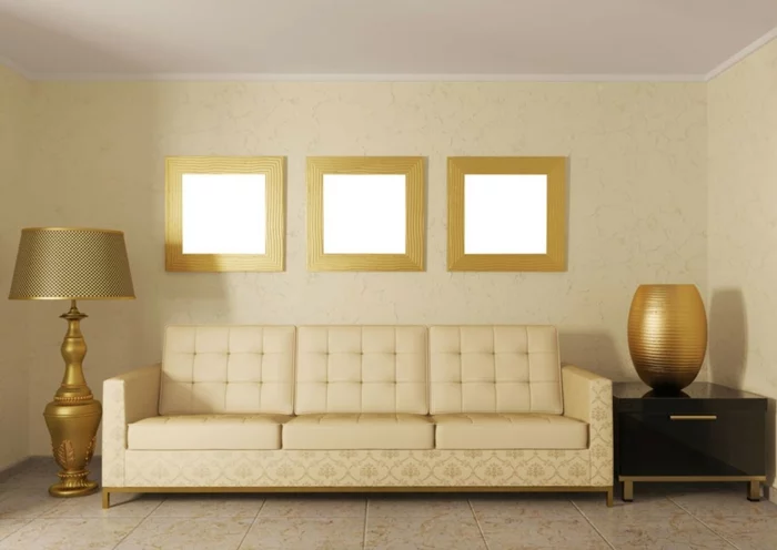 wandf2016 trendfarben wohnzimmer goldglanz goldakzente stehlampe sofa pastellgelb wanddekoration