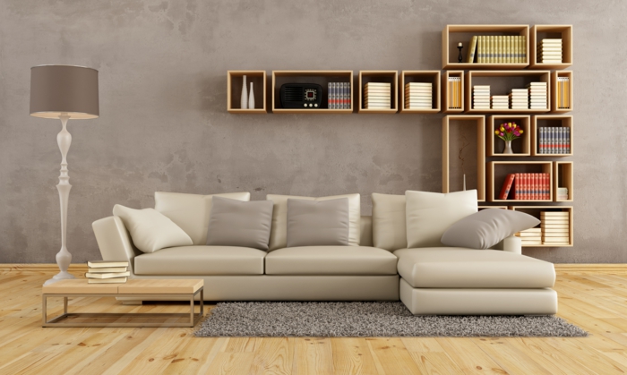 2016 trendfarben wohnzimmer hellgrau betonoptik helles holz wandregale parkett weißes sofa beistelltisch lampion