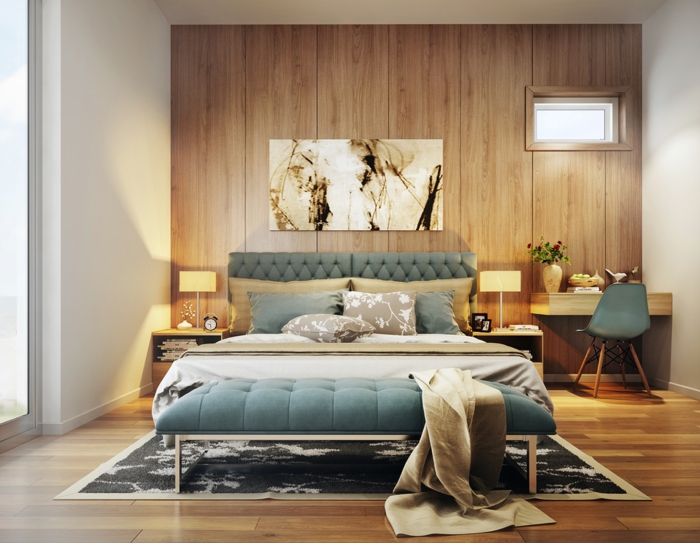 wandpaneele holz wohnideen schlafzimmer eleganter teppich schminktisch