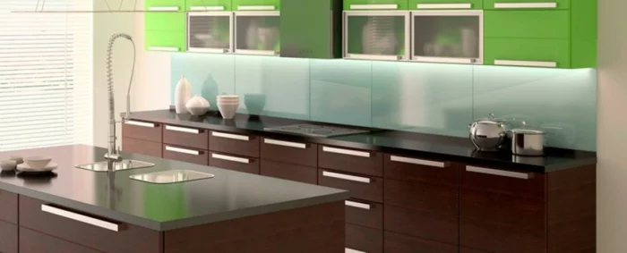 wandpaneele küche hellgrüne paneele braune küchenschränke