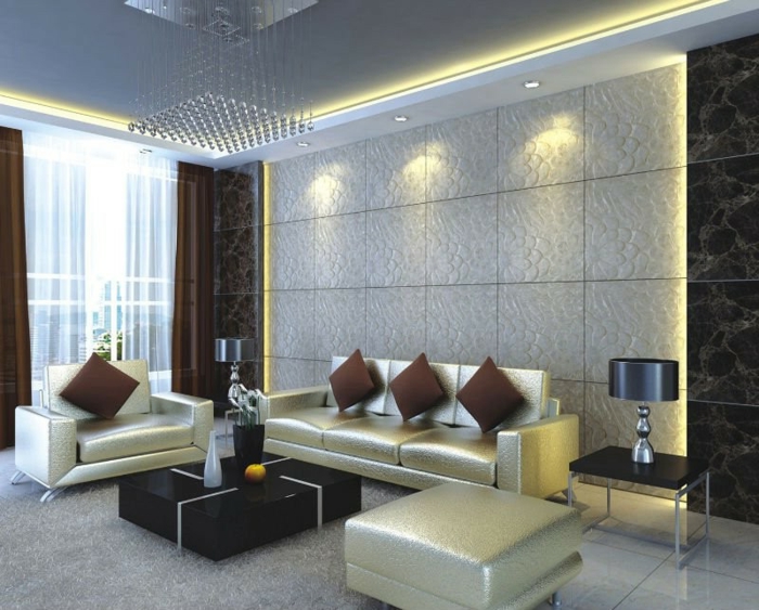 wandpaneele steinoptik wohnzimmer luxuriöse möbel led beleuchtung