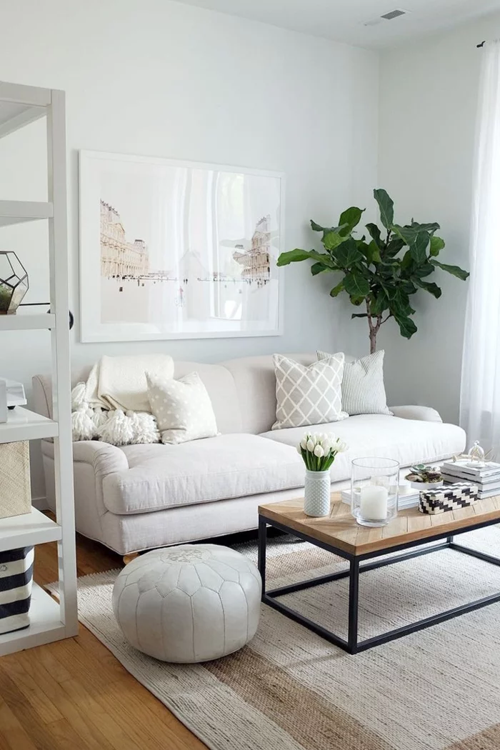 weiße wandfarbe wohnideen wohnzimmer teppich retro look pflanze