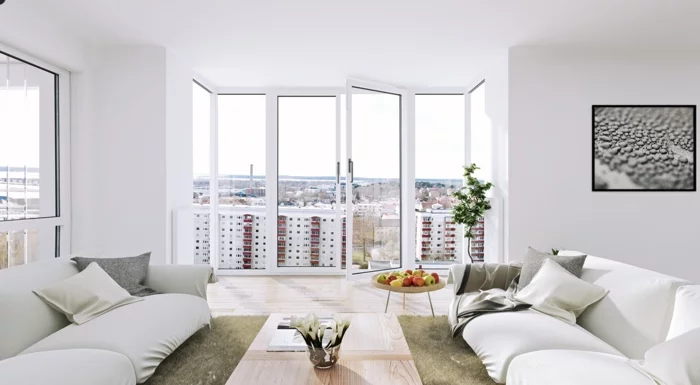 weiße wandfarbe wohnzimmer einrichtungsideen panoramafenster geräumig