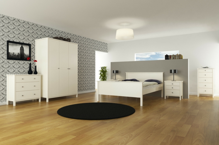weißer kleiderschrank schlafzimmer runder teppich schwarz wandtapete
