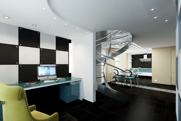 wendelltreppen wohnzimmer super modern schwarze bodenfliesen offener wohnplan