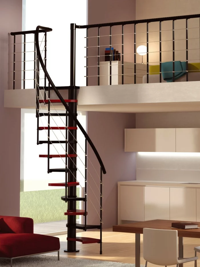 wendeltreppe innen design treppenstufen rot schwarz offener wohnplan