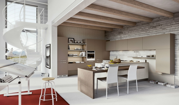 wendeltreppe innen design weiß schick roter teppich küche innenarchitektur