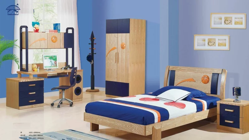 Beispiele und Einrichtungsideen in Blau mit Holzmöbeln im Kinderzimmer für Jungs