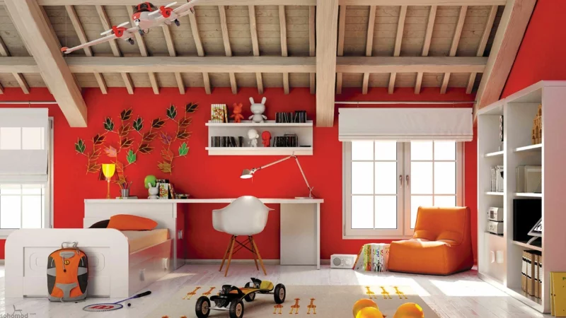 Bilder Kinderzimmer für Jungs Wandfarbe Rot freigelegte Holzbalken an der Decke 