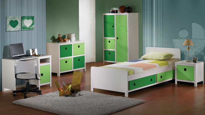Bilder Kinderzimmer für Jungs grüne Farbakzente Kindermöbel