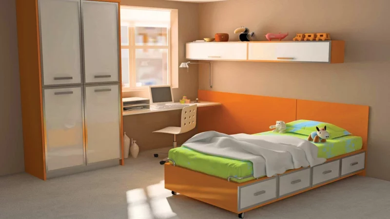 clevere Ideen für Kinderzimmer für Jungs gestalten praktische Kindermöbel orange Akzente grüne Bettwäsche