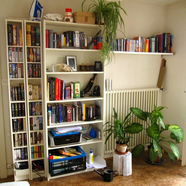 moderne Bücherwand Ikea Regale im aus weißem Holz im Wohnzimmer Deko mit Zimmerpflanzen