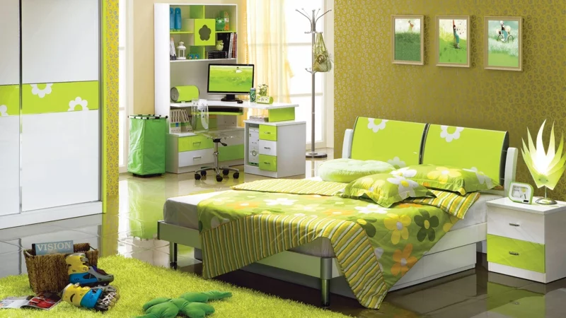 Jugendzimmer Ideen Jugendzimmermöbel grün Kinderbettwäsche