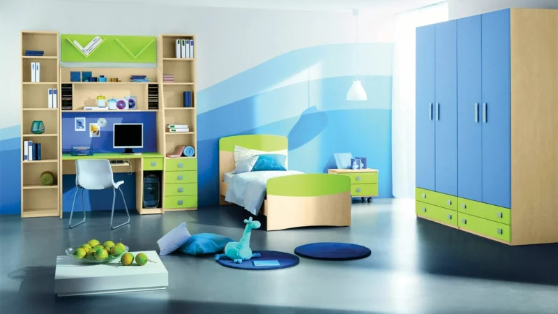 Kinderzimmer für Jungs praktische Kindermöbel dominierende Farben Blau und Grün