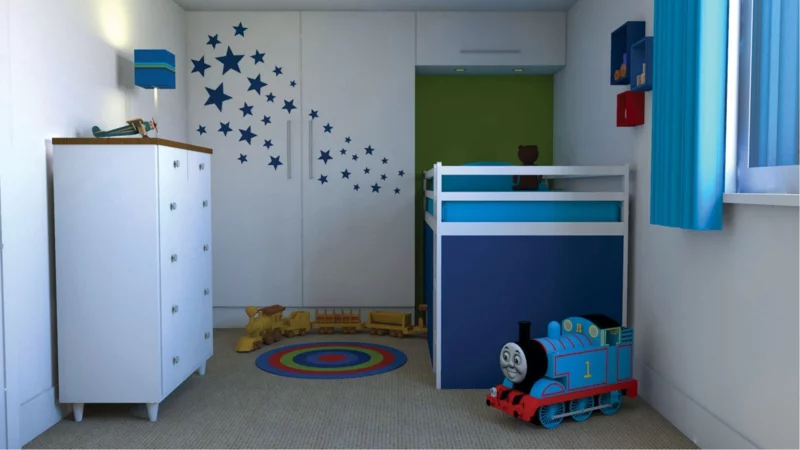 Kinderzimmer für Jungs einfache Kindermöbel Hochbett Taubengrau als Wandfarbe