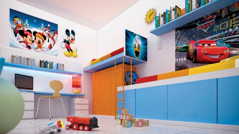 Einrichtungsideen und Farbgestaltung im Kinderzimmer für Jungs Kindermöbel Wandtattoos Zeichentrickfilmen