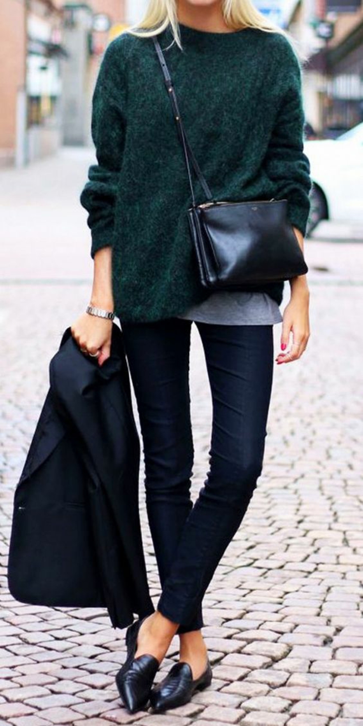 Strickpullover dunkelgrün mit Jeans und Blazer