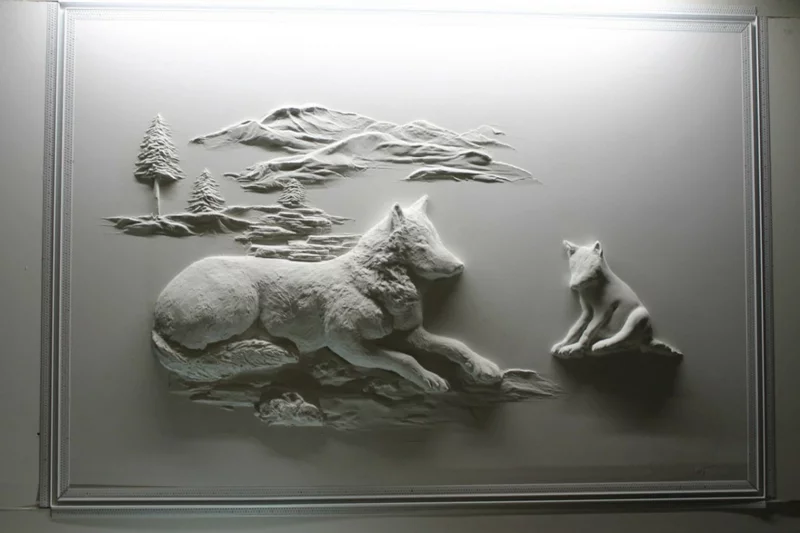 TrockenbauerBernie Mitchell 3D Wanddeko Ideen Trockenbauwand Wolf im Wald