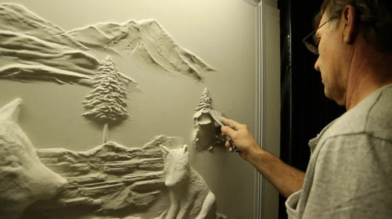 Trockenbauer Bernie Mitchell am Arbeiten 3D Wanddeko Ideen Trockenbauwand