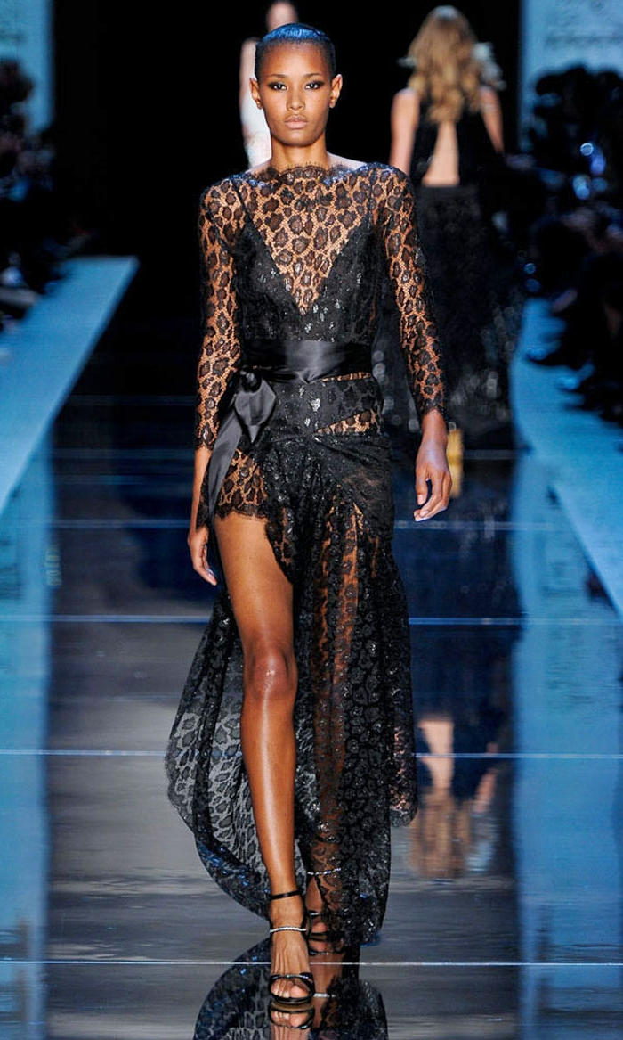 abendkleider haute couture schwarze spitze leoparden prints sommerkollektion 2016 jean paul gaultier