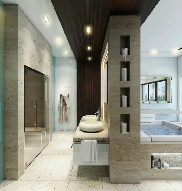 badefliesen luxuriösees badezimmer waschbecken regalsystem