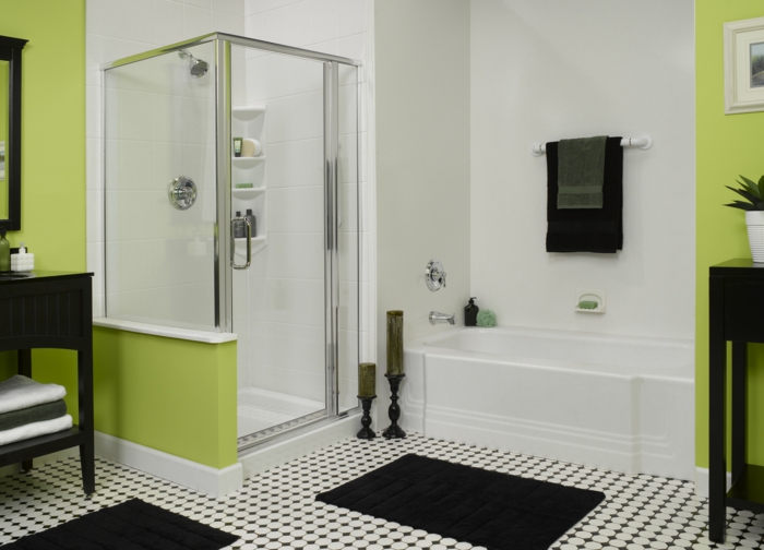 badezimmerfliesen weiße wandfarbe grüne akzente dusche badewanne