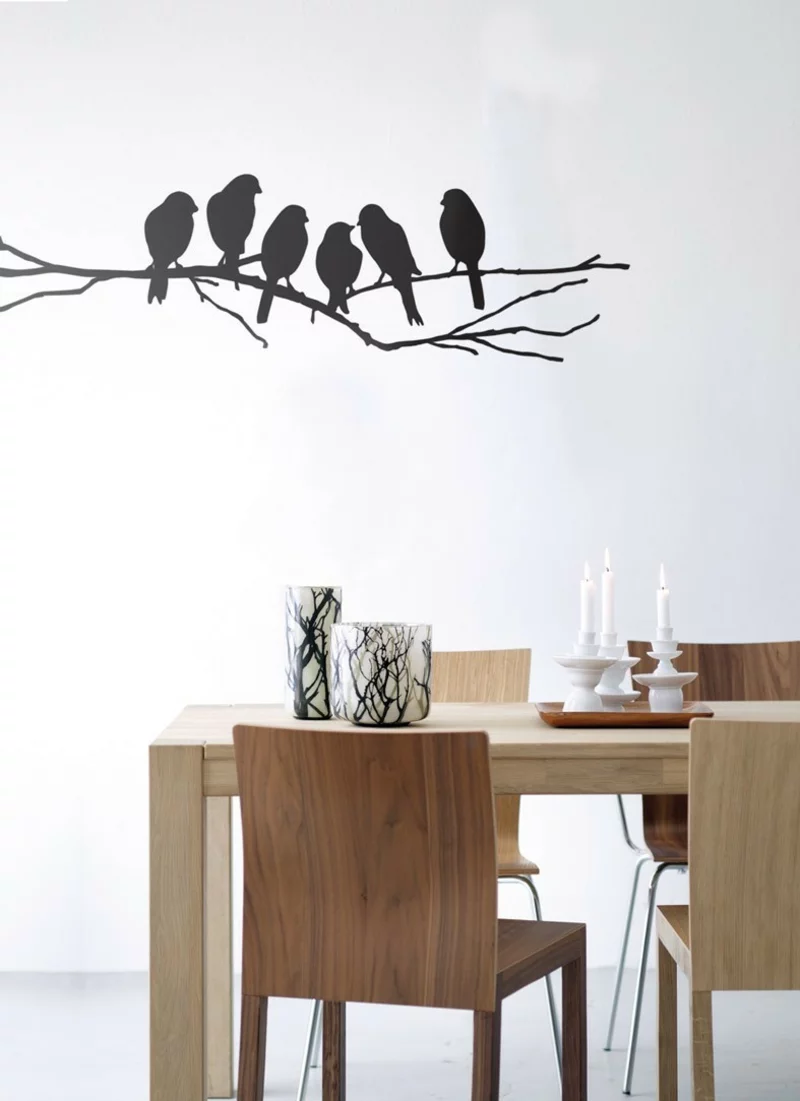 coole Wandtattoos Küche Essbereich Wandfarbe weiß schwarz Vögel Zweig