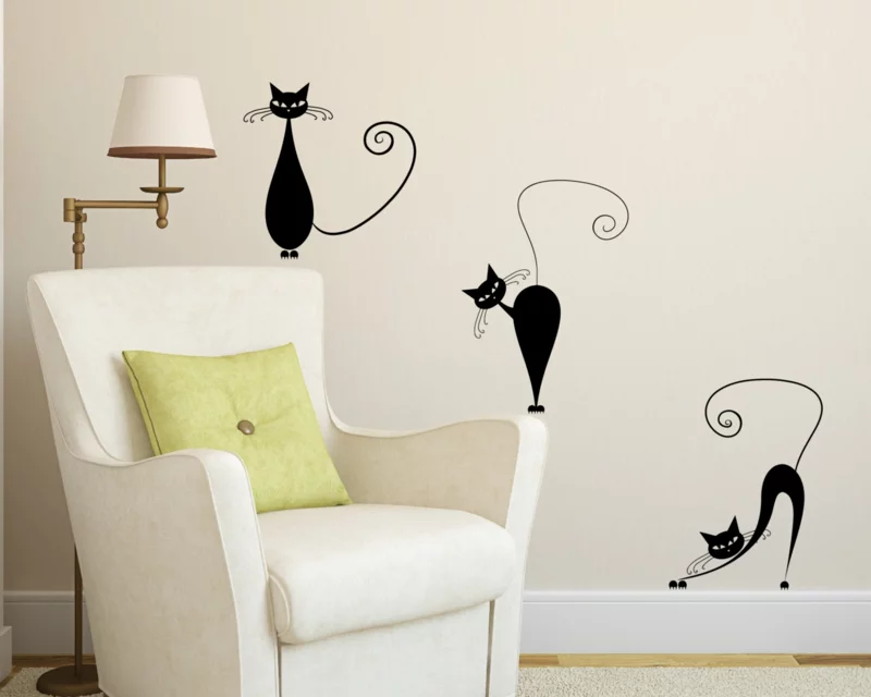coole Wandtattoos Wohnzimmer Wandfarbe weiß lustige schwarze Katzen