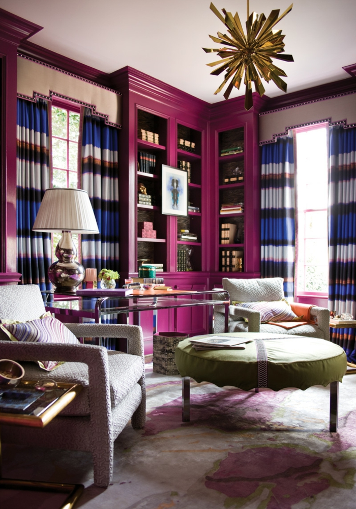 deko ideen wohnzimmer lila möbel lange gardinen eleganter teppich