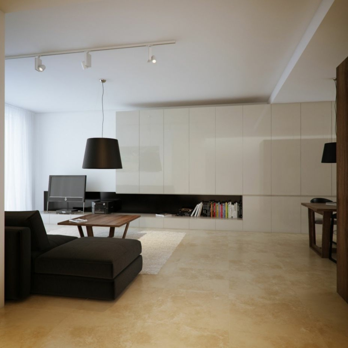 design bodenbelag wohnzimmer schwarzes sofa pendelleuchte