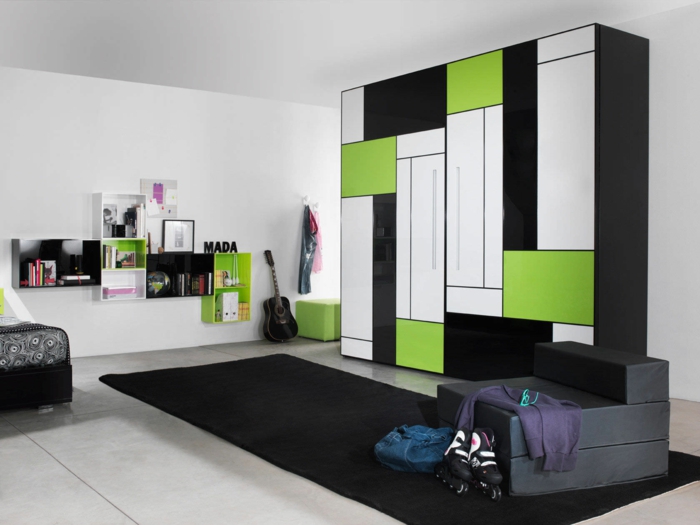 design kleiderschrank funktional modern schwarz grün schwarzer teppich