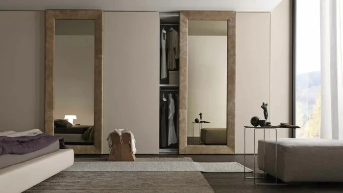 design kleiderschrank spiegel wohnideen schlafzimmer beistelltisch hocker