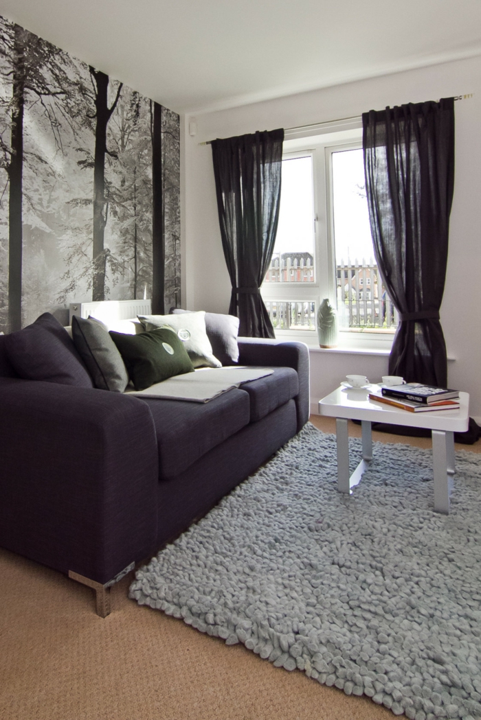 schöne wohnideen wohnzimmer grauer teppich schwarze gardinen