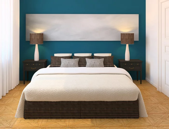  farbgestaltung schlafzimmer wandgestaltung wanddesign petrol blau
