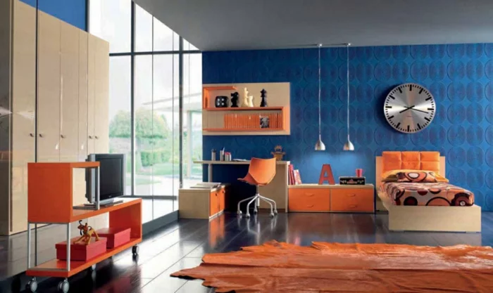 farbgestaltung wohnzimmer wandgestaltung wanddesign blau orange 70er