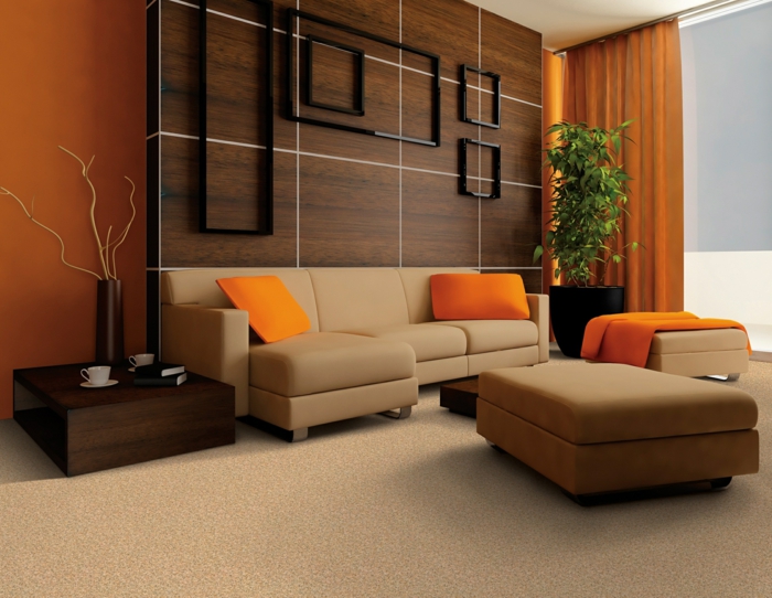 farbgestaltung wohnzimmer wandgestaltung wanddesign orange braun
