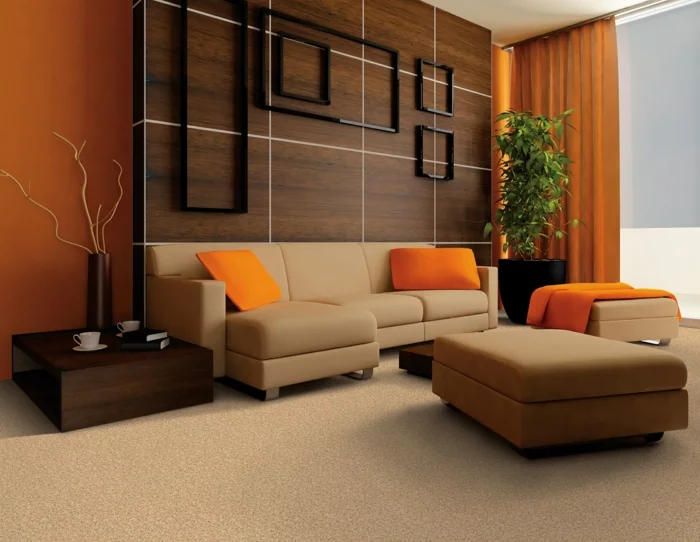 farbgestaltung wohnzimmer wandgestaltung wanddesign orange braun