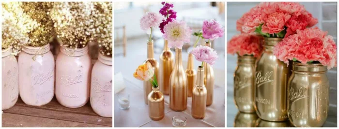 hochzeitsideen recycling ideen tischdekoration diy bastelideen vasen selber machen gold rosa spray