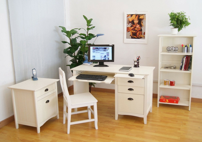 home office einrichten weißer schreibtisch stuhl schrank büro
