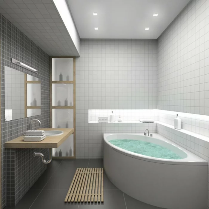 keramikfliesen badezimmer eckbadewanne modernes waschbecken