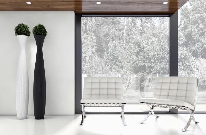 moderne bodenbeläg weiss barcelona sessel minimalistische einrichtung wohnzimmer blumenständer 