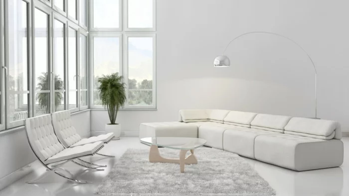moderne bodenbeläge weißer boden wohnzimmer ledersofa bogenlampe chrome barcelona sessel