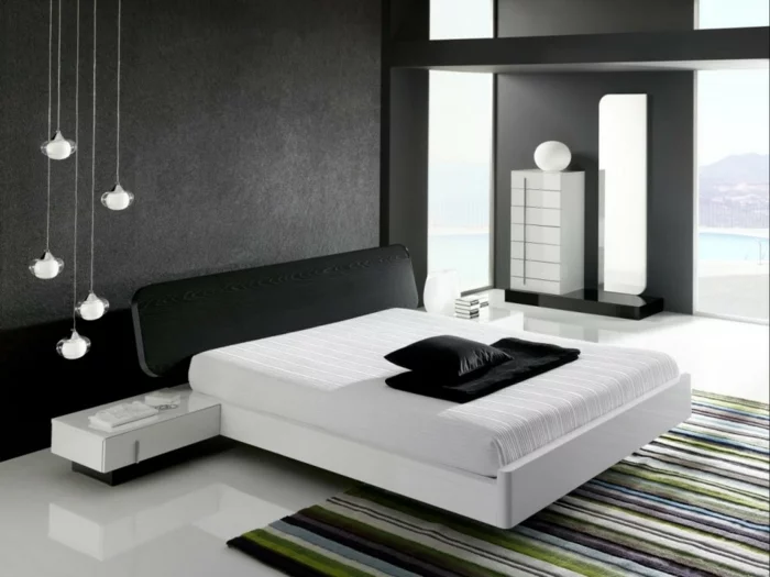 moderne bodenbeläge weißer bodenbalag gestreifter teppich schlafzimmer