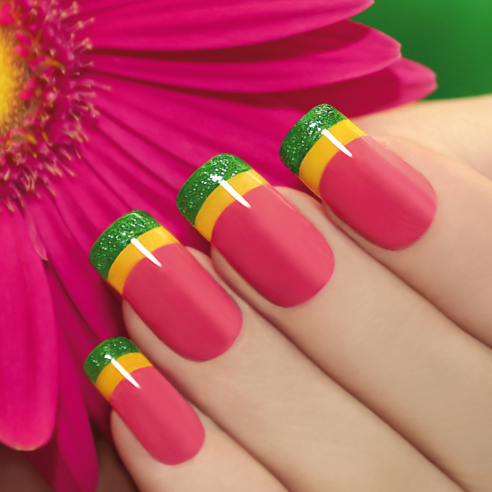 fingernägel design nailart lachs grün glitzer gelb farben gelnägel