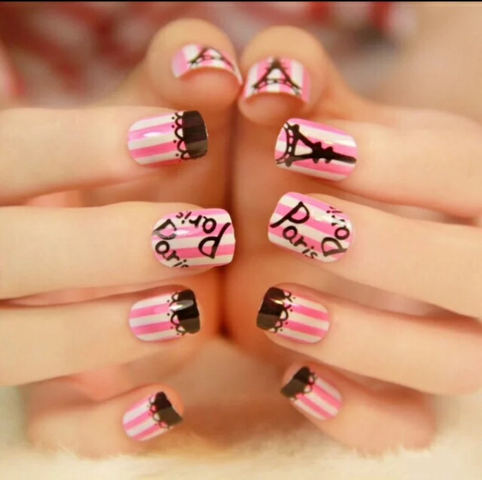 nageldesigns fingernägel design nailart paris motive rosa weiß schwarz nagellack gelnägel
